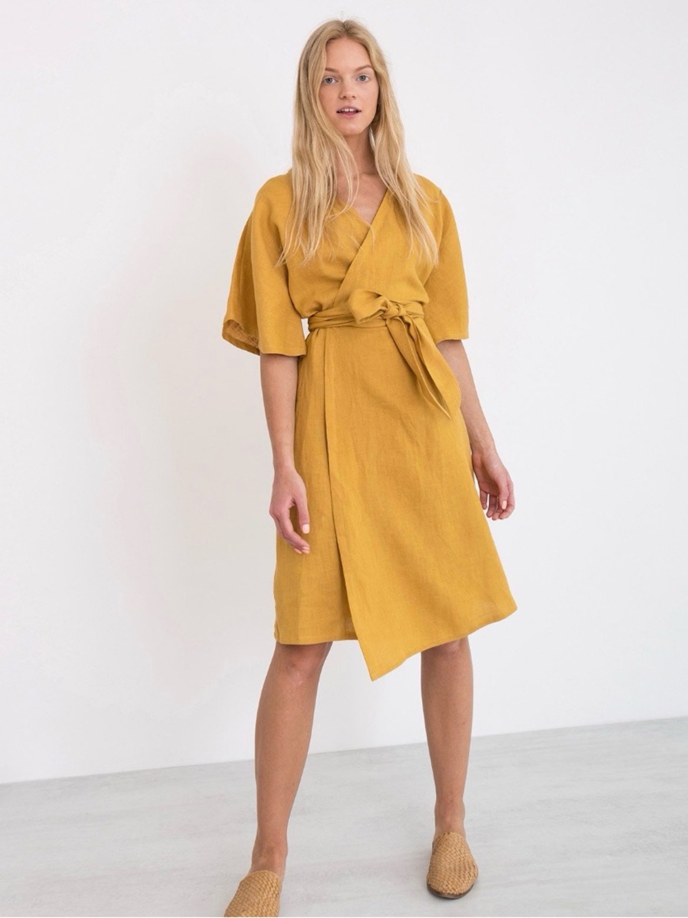 Wrap Midi Dress in Mustard